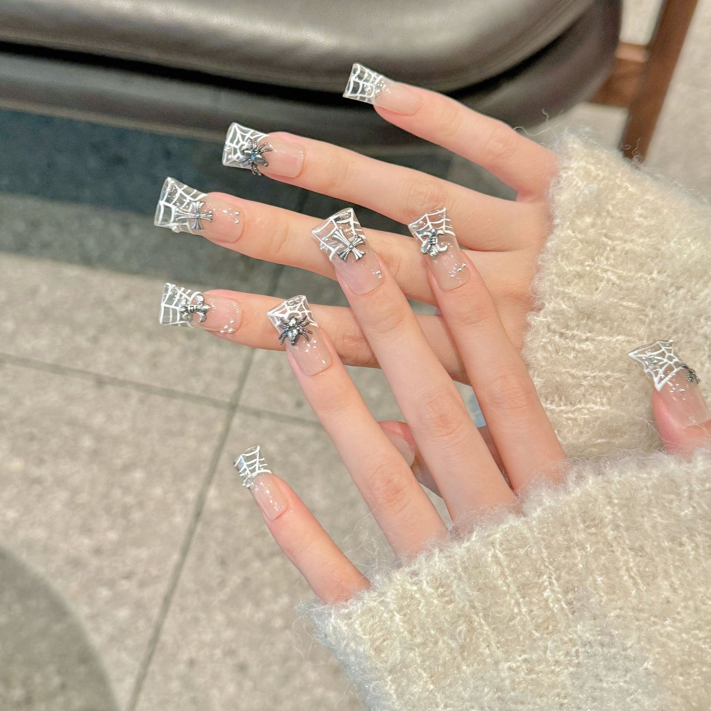 Croxin Cross Hand Painted French Spider Web Duckbill Shape Removable Wearable nails | 365nails