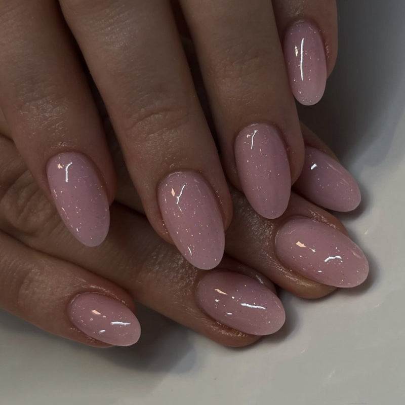Simple short pink round glitter powder shiny press-on nails