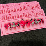 Red-Black Flame Press-On Nails | Stiletto | Handmade with Silver Cross & Planet Charms