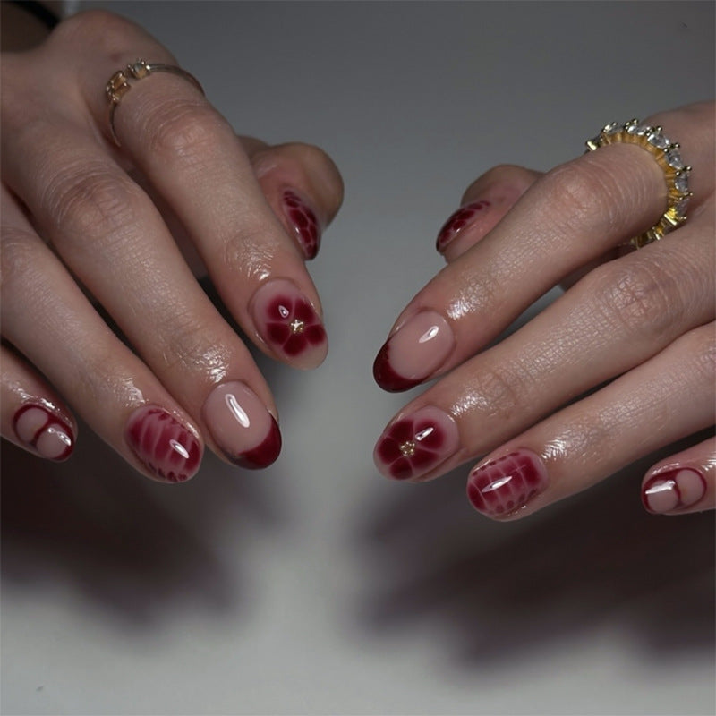 Foreign trade cross-border wearing nail French red manicure nail piece short round wearing nail piece petal fake nail wholesale