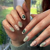 Fresh green smudges summer flowers almond-shaped press-on nails