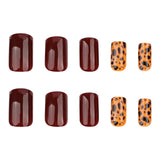 Maillard leopard print wearing nail burgundy solid color nail piece short square autumn wearing fake nail piece wholesale
