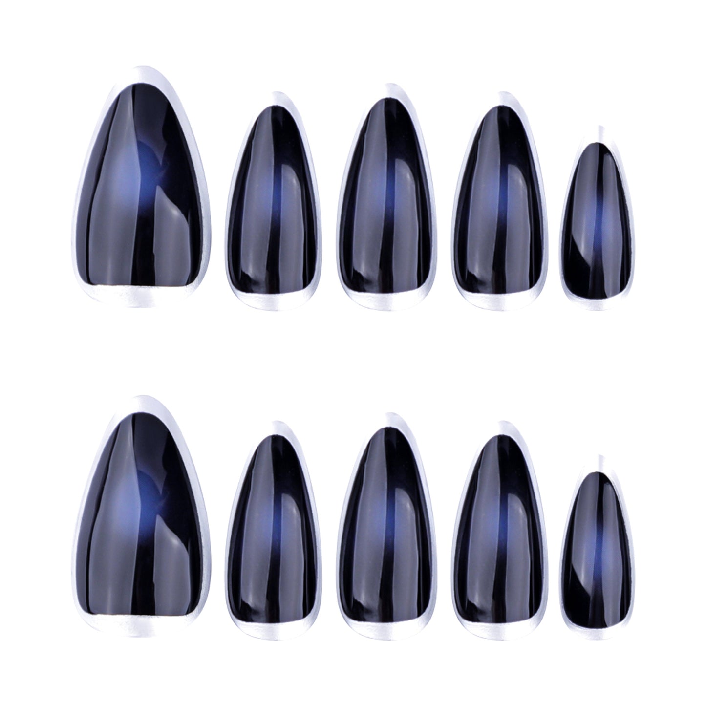 French silver circle dark blue smudged manicure short almond |365nails