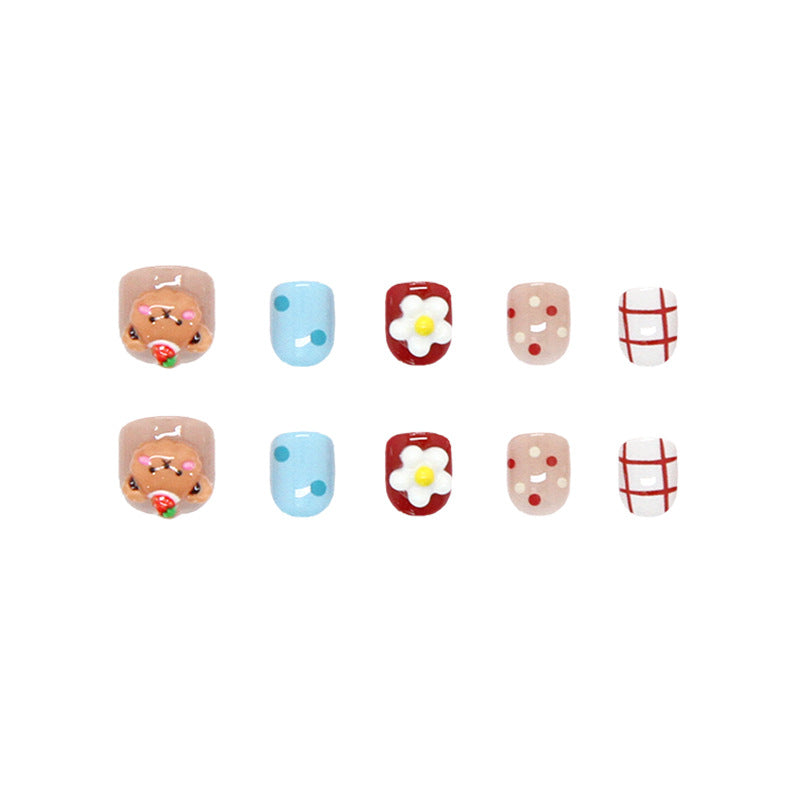 Cartoon bear flower colorful polka dot plaid cute playful ins wind fake nails kids nails|365nails