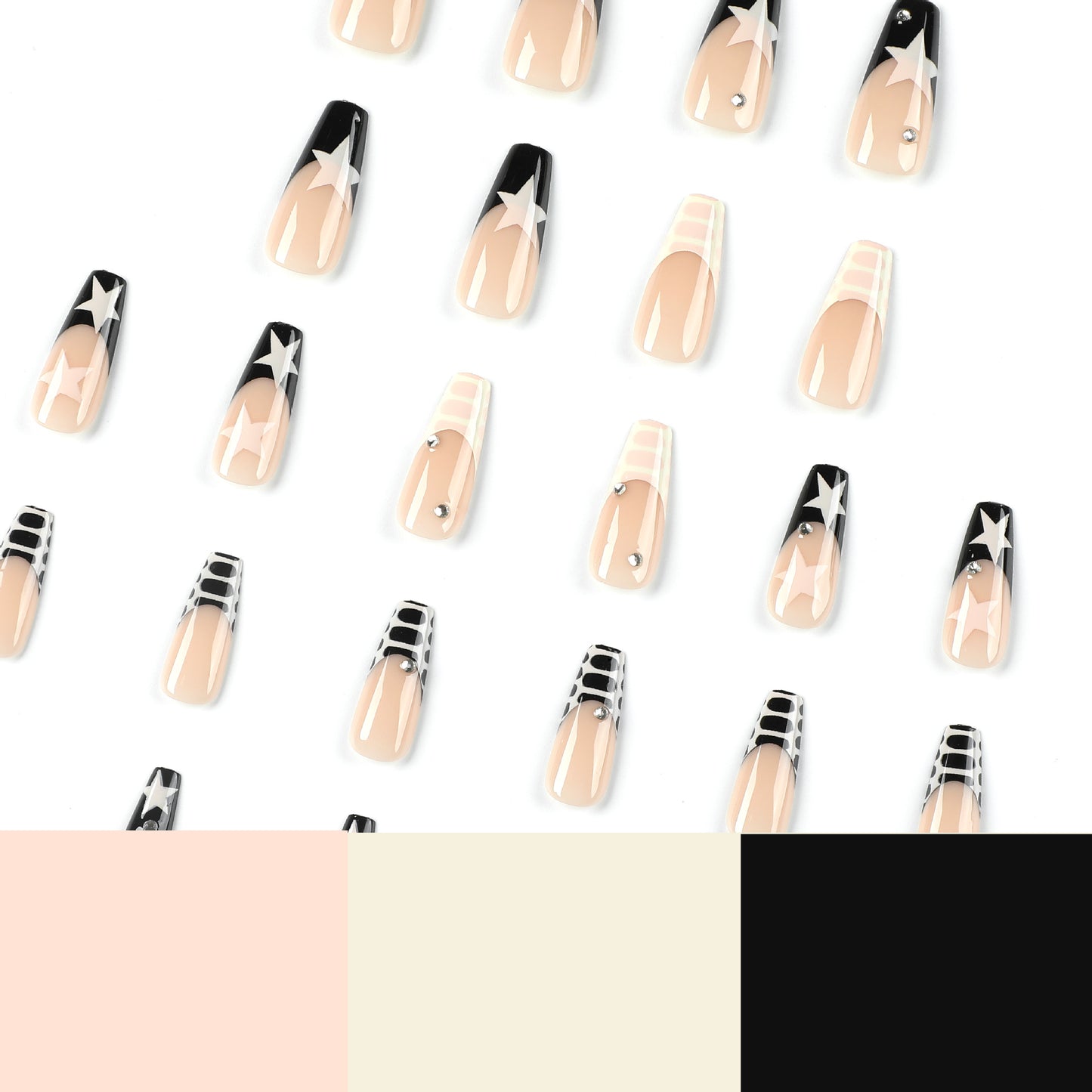 Unhas postiças com estampa de estrelas strass, unhas postiças pretas, amarelas, contrastantes, com fundo branco leitoso, francesas, unhas postiças|365nails