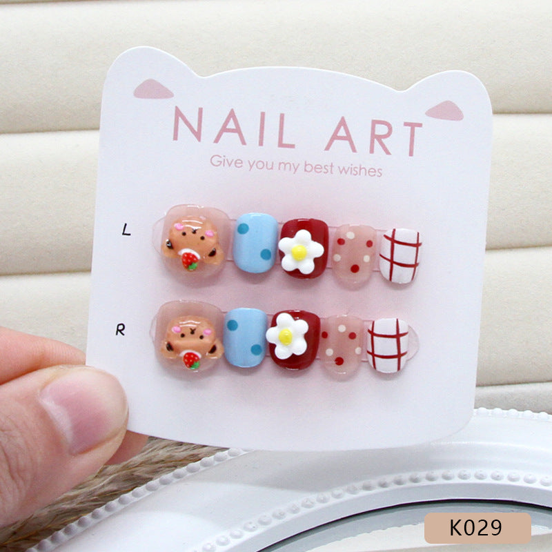 Cartoon bear flower colorful polka dot plaid cute playful ins wind fake nails kids nails|365nails
