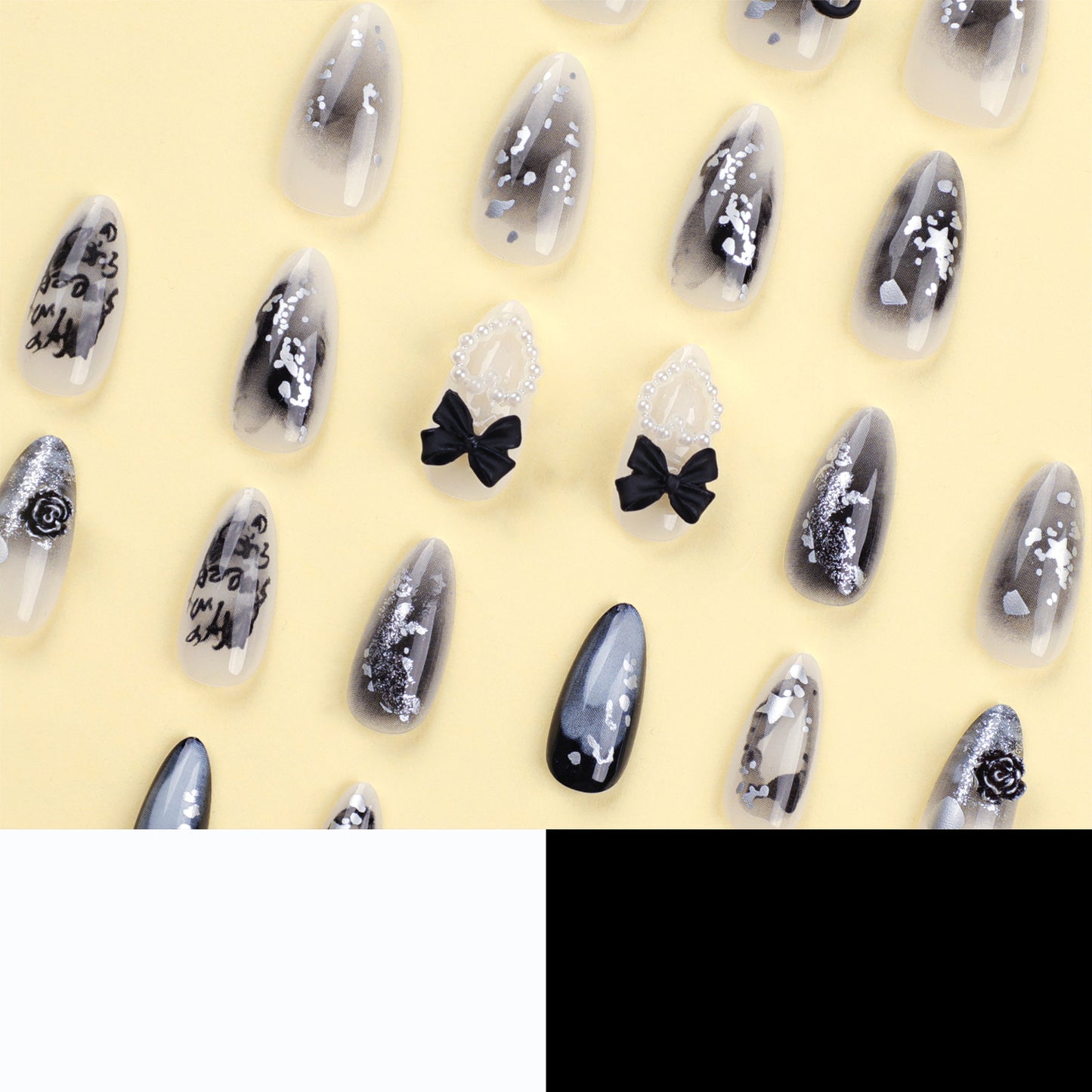 Black three-dimensional bow pearl love star nail art piece gradual change sequins letter almond |365nails