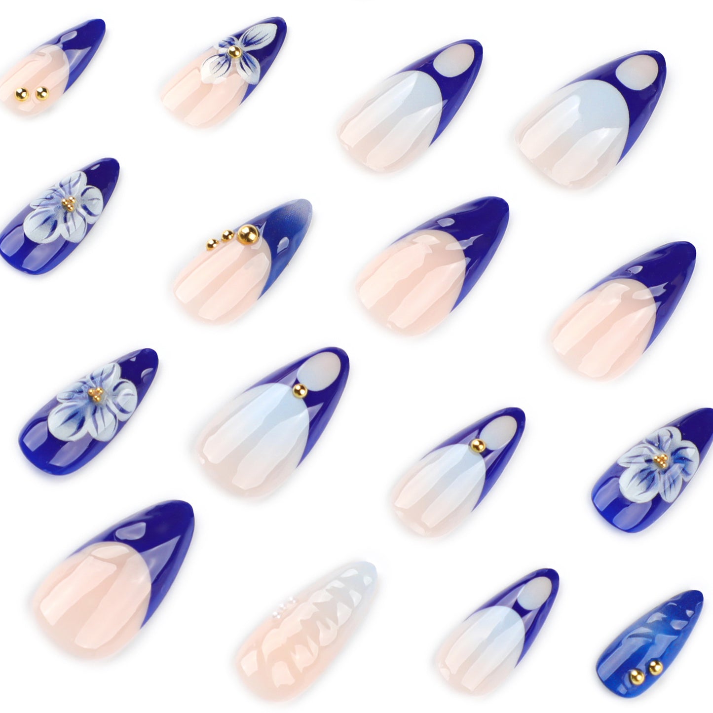 3D Blue Flower Almond Long Removable press-on nails