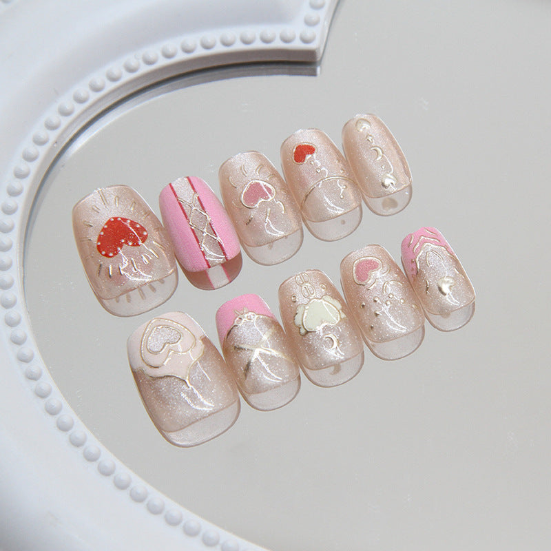 Nail Tips prefabricated nail press on nails Sweet removable cat eye pink peach heart nail piece Short T nail patch |365nails