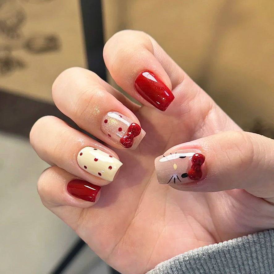 Autumn and winter sweet cat press-on nails three-dimensional point diamond bow removable manicure red polka dot nail piece wholesale|365nails