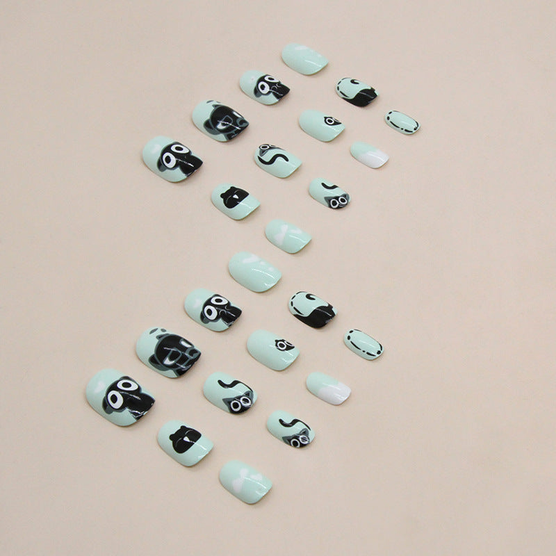 Fresh green base cute little black cat manicure kids nails|365nails