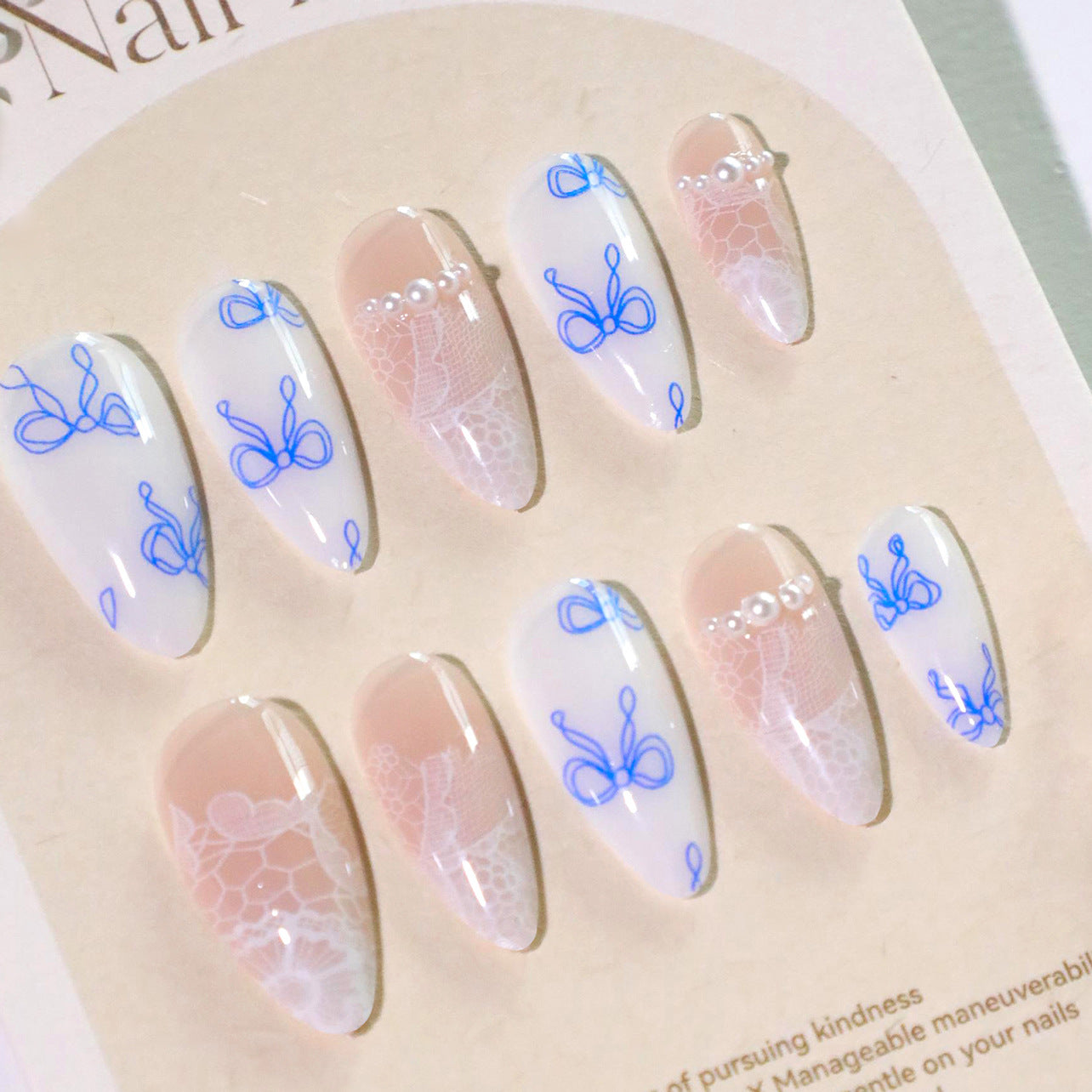 French blue bow press-on nails