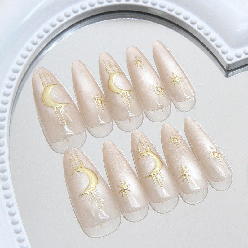 Nail Tips prefabricated nail, cat eye gold three-dimensional moon starlight, fashionable and versatile, press on nails 30 pieces|365nails