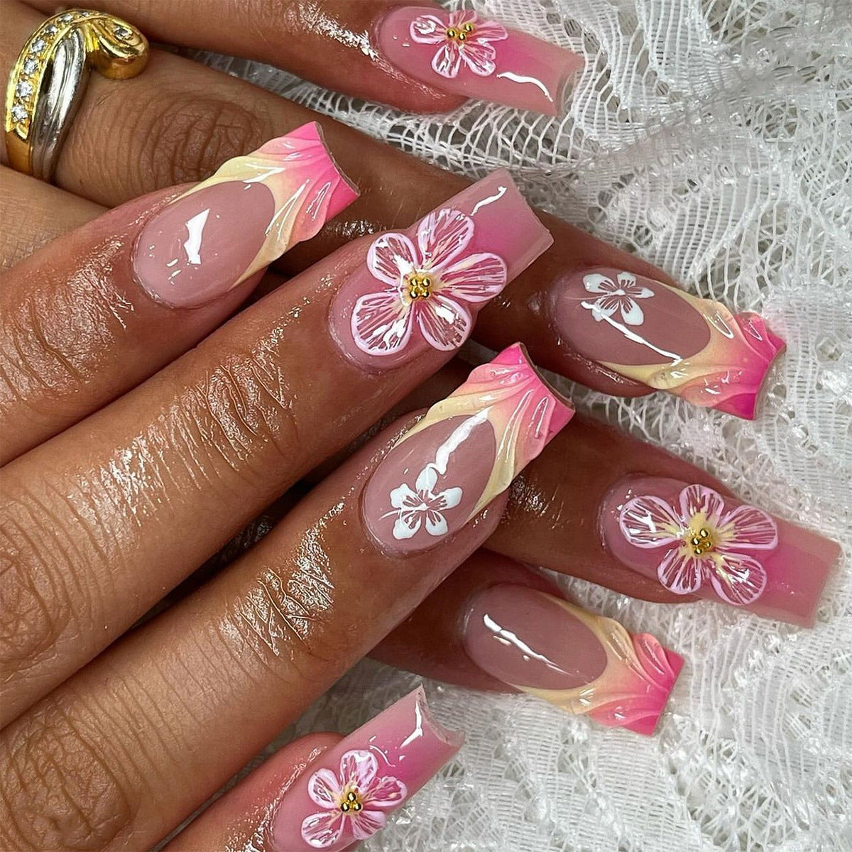 Manicure francesa 3D com mudança gradual, peça curta quadrada para unhas vestíveis, peça com acabamento em flor, atacado |365nails