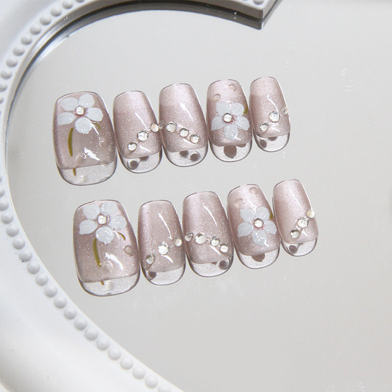 Pontas de unha pré-fabricadas, unhas postiças, unhas de pressão, peça de unha removível estilo nacional em formato de olho de gato com flor, remendo de manicure em T curto, modelo de broca|365nails