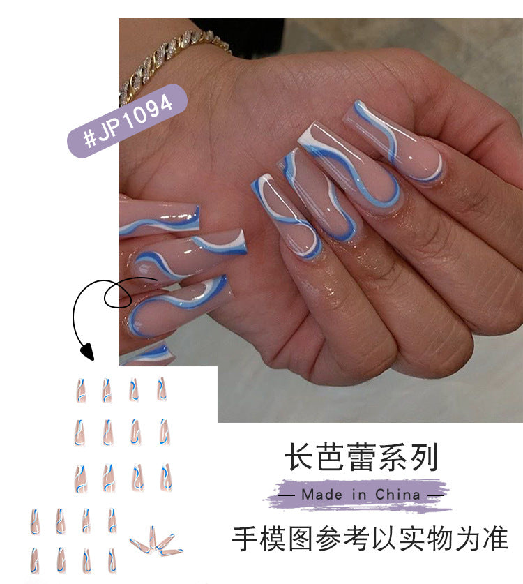 Balé francês longo com strass azul, linha ondulada, pequena flor preta, para manicure, fornecimento direto, patch 365nails