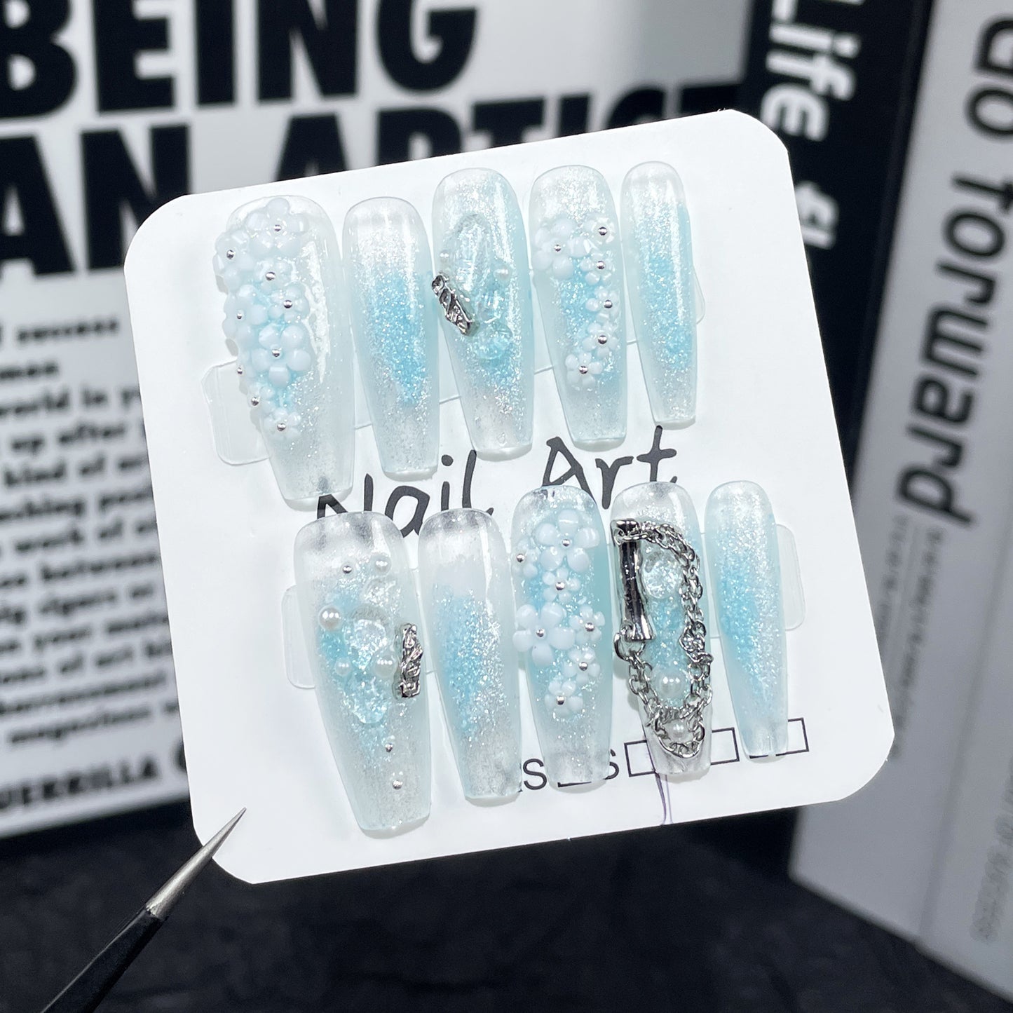 Handmade press-on nails ocean blue smudge and flash long nail patch small flower spring and summer new wearable nail sticker|365nails