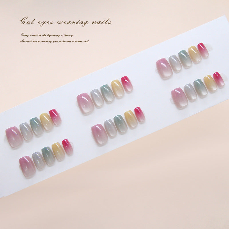 Nail Tips Press On Nails Cat Eye Rainbow Korean Cute Dopamine Girl Feeling Ins Style Removable Manicure 30pcs