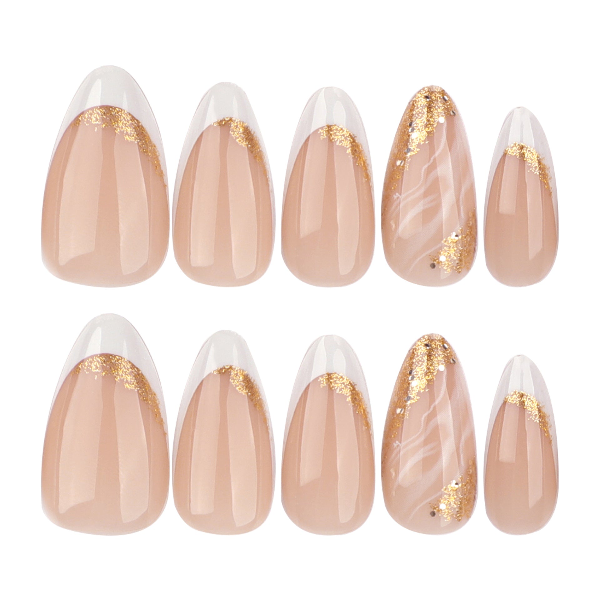 Uñas francesas clásicas blancas simples, uñas postizas con purpurina dorada, uñas con efecto difuminado y grietas, producto terminado al por mayor | 365nails