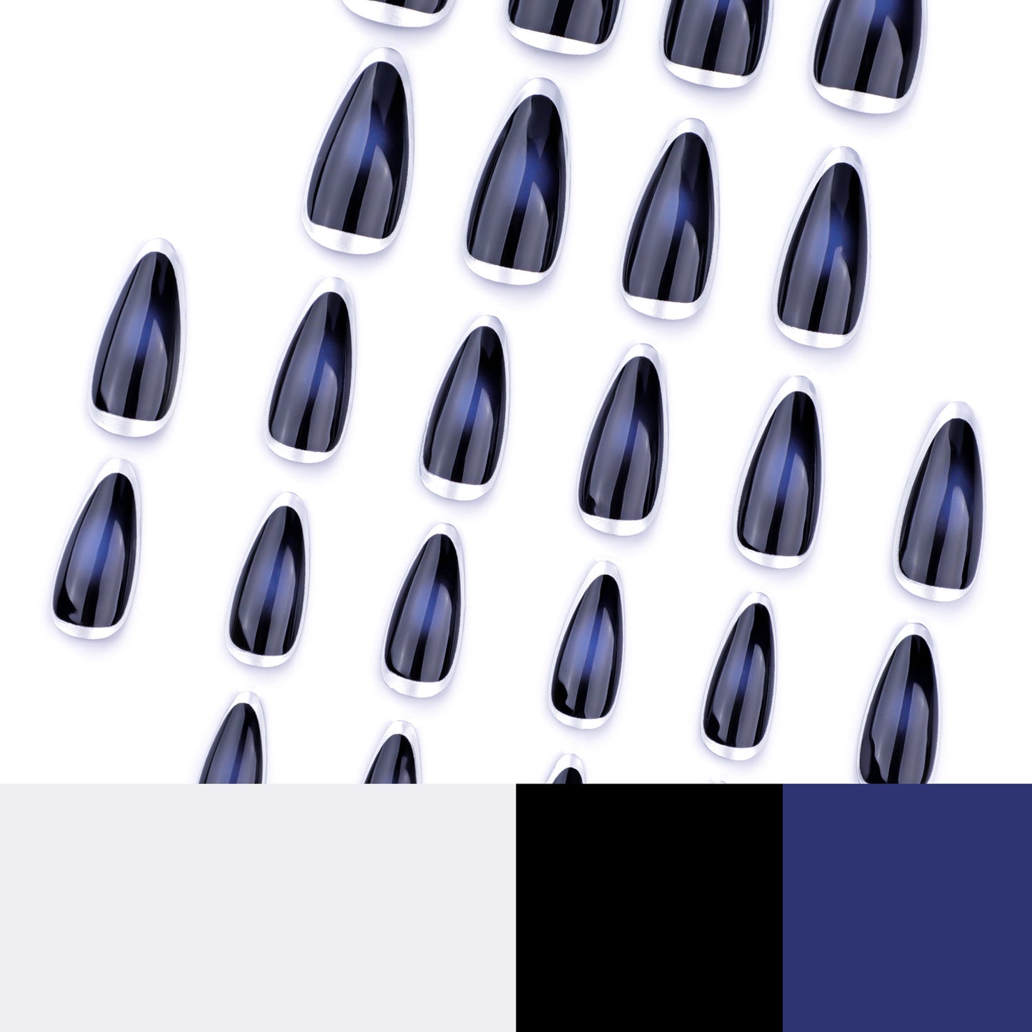 Manicura francesa con círculo plateado azul oscuro difuminado y almendra corta | 365nails