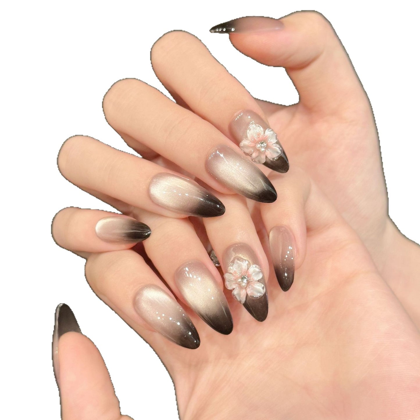 Handmade Ice Carving Three-dimensional Ice Flower Black Gradient French Handmade press on nails | 365nails