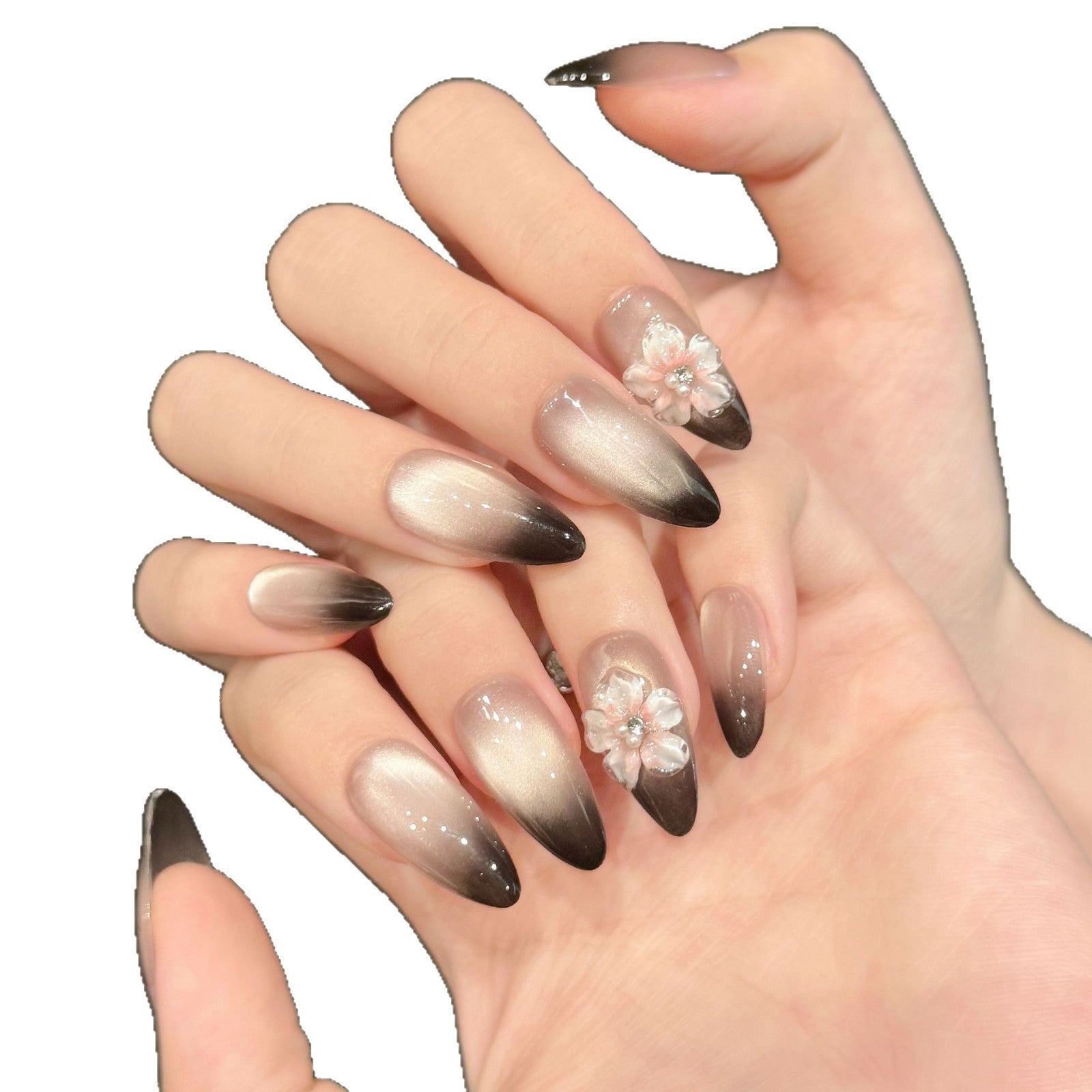 Handmade Ice Carving Three-dimensional Ice Flower Black Gradient French Handmade press on nails | 365nails