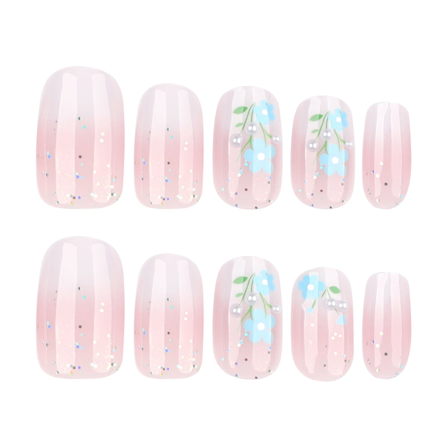 Fresh blue flowers pink and white gradual change simple short square press-on nails