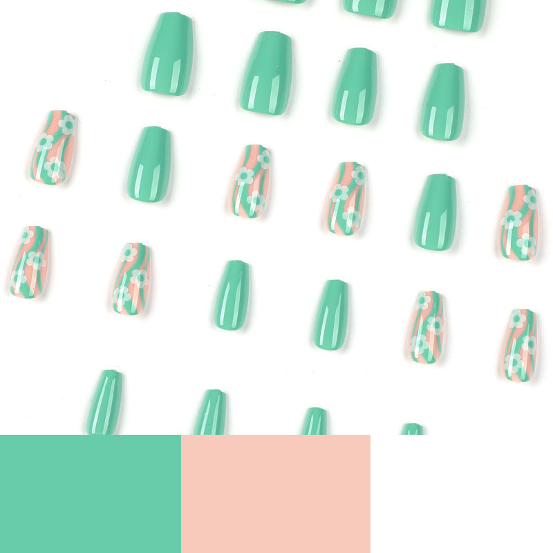 Nail Art Wholesale Short Green Wave White Flower Art Nail Piece |365nails