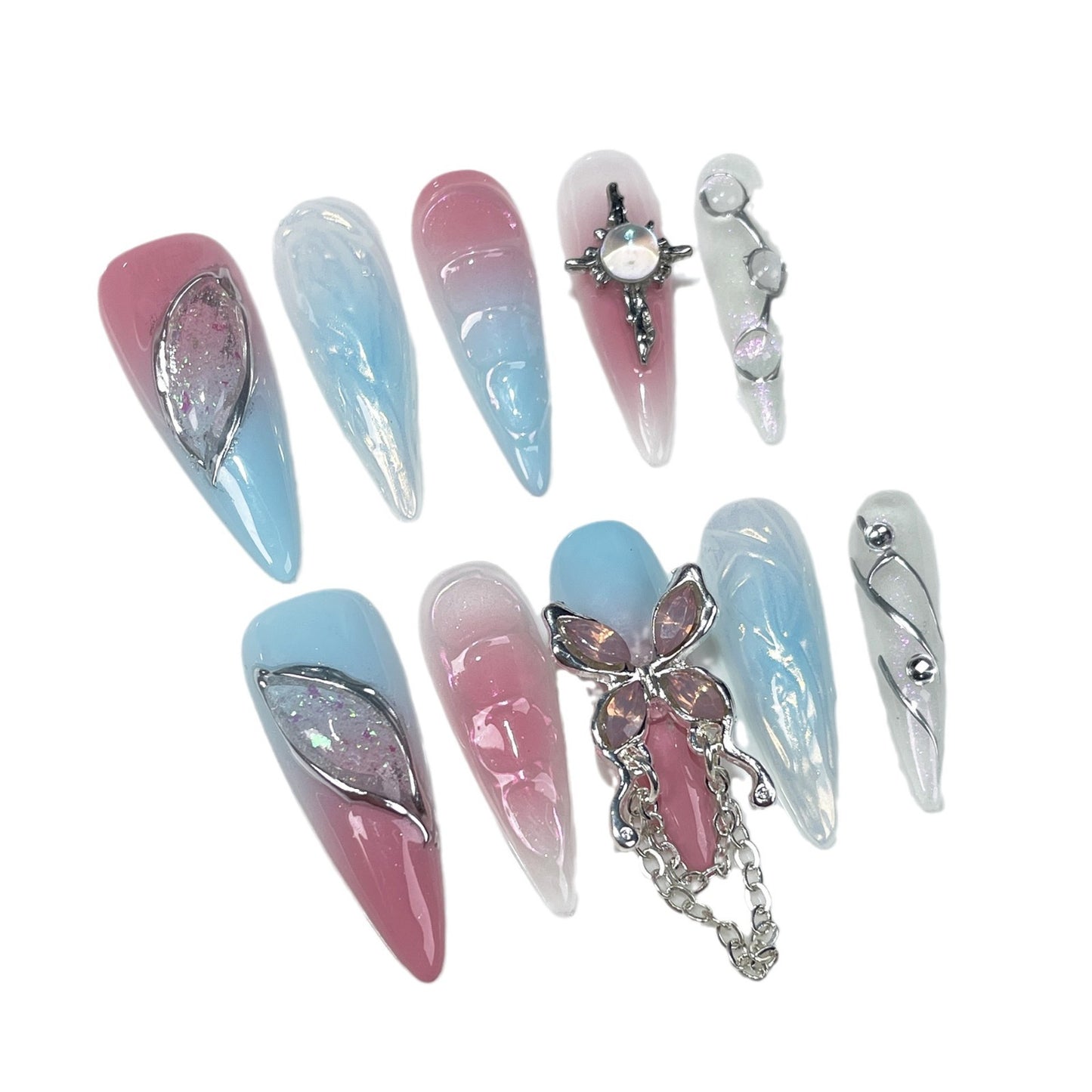 Sueño de macarrón de verano, colorido, dulce y fresco, uñas de Spice Girls de punta larga, uñas postizas hechas a mano, cadena, mariposa, relieve, arte de uñas|365nails