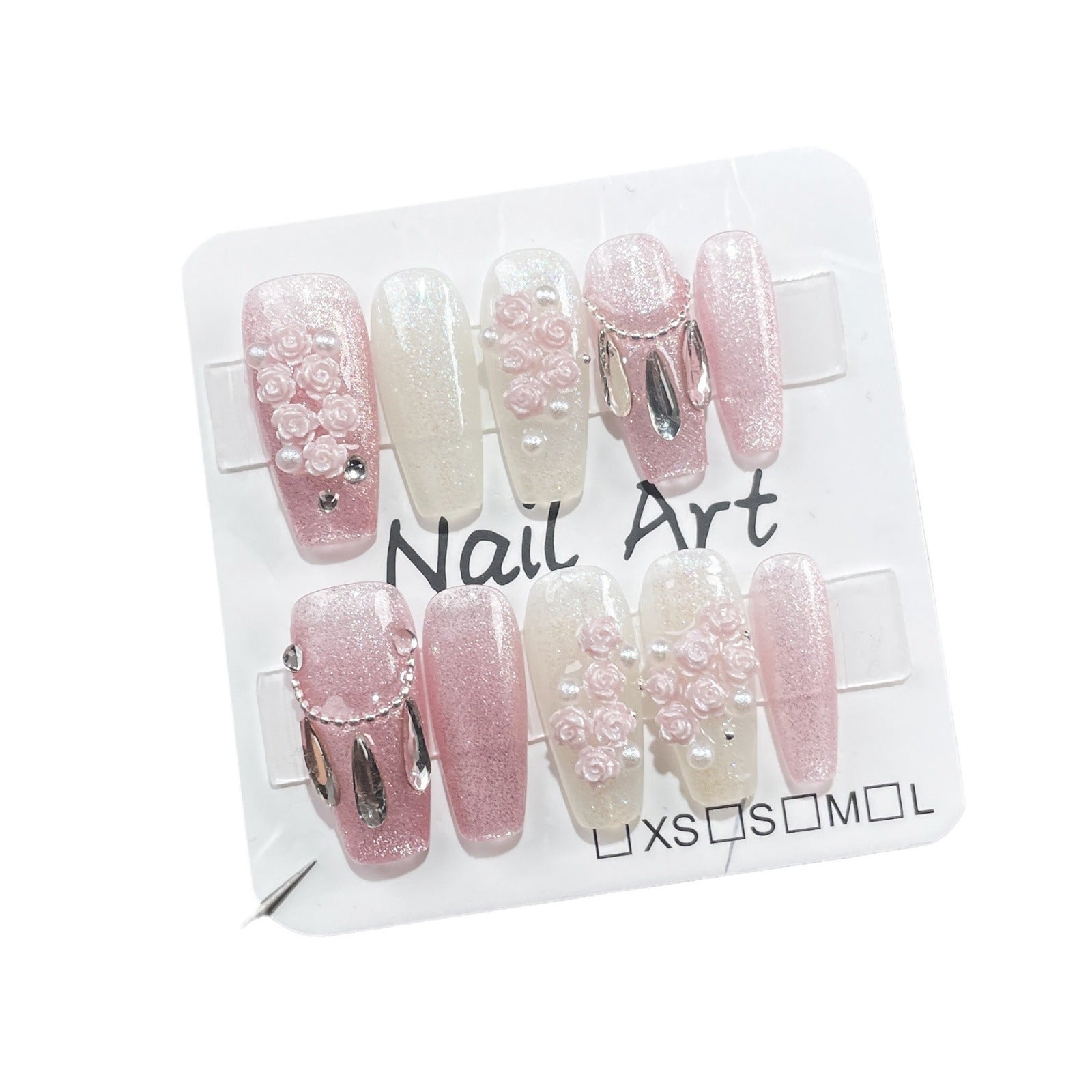 Adesivo de unha artesanal leve e luxuoso, estilo olho de gato, tridimensional, Rose Manor, médio e longo, feito à mão, para unhas postiças|365nails