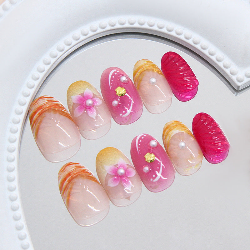 Three-dimensional shell pearl French flower sweet short almond nail removable manicure 24 pieces|365nails