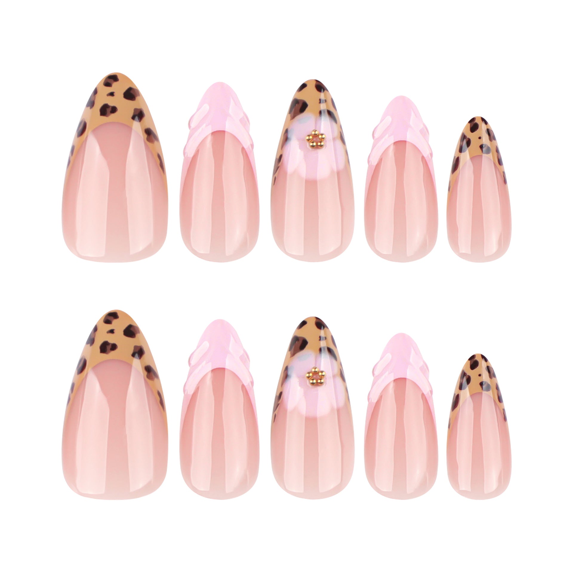 French leopard print flash 3D almond shape press-on nails