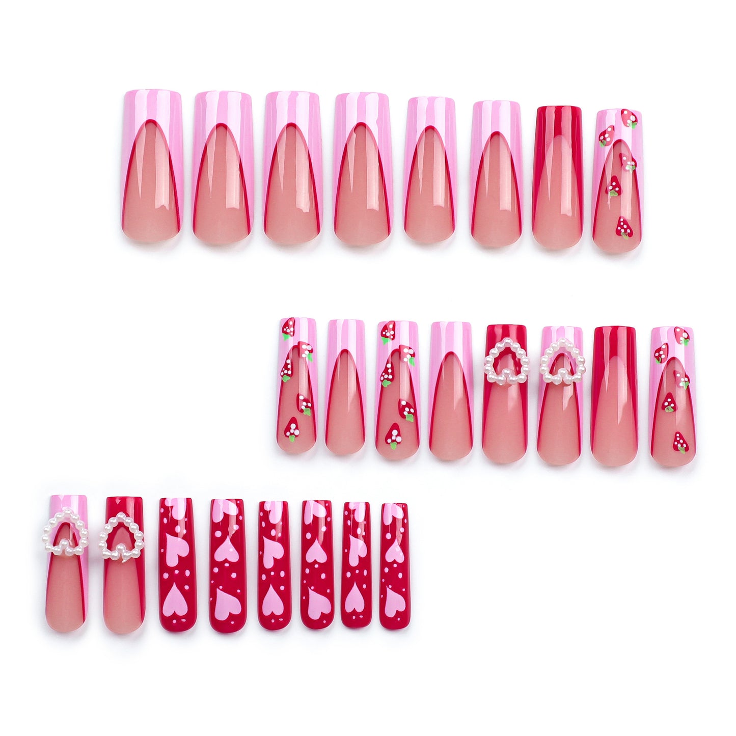 Valentine's Day pink three-dimensional love pearl long French strawberry nail piece finished product wholesale|365nails