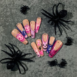 Use almofadas de unha para arte de Halloween em unhas rosa, roxo, abóbora, amor, preto, estrela, lua, branco, fantasma, unhas com strass|365nails