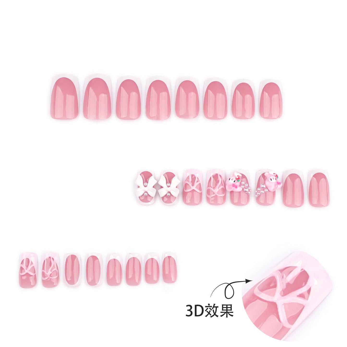 Sweet pink French white edge wearing nail three-dimensional bow fake nail short square manicure nail piece wholesale|365nails