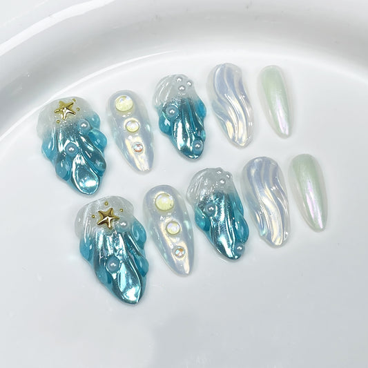 Falda de concha fresca de verano, uñas postizas hechas a mano con músculos de hielo y océano, uñas Aurora, uñas de ojo de gato, uñas almendradas (lote de 365 uñas)