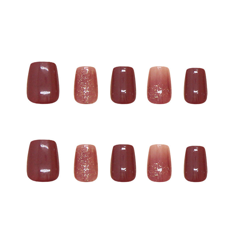 Nail Tips prefabricated nail press on nails gold powder removable nail piece burgundy short T nail patch diamond |365nails