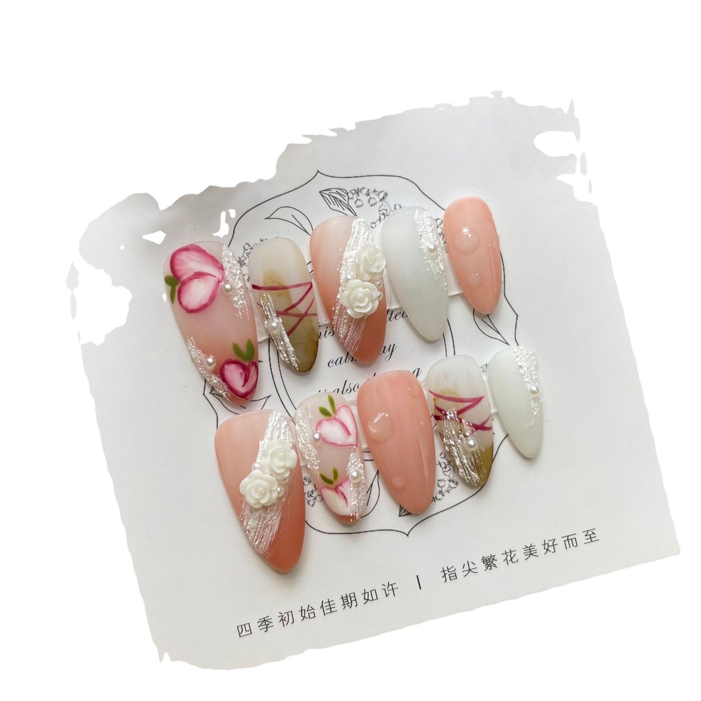 Manicure artesanal de celebridades da internet, unhas postiças de rosas frescas no início da primavera, unhas postiças de fada branca | 365nails