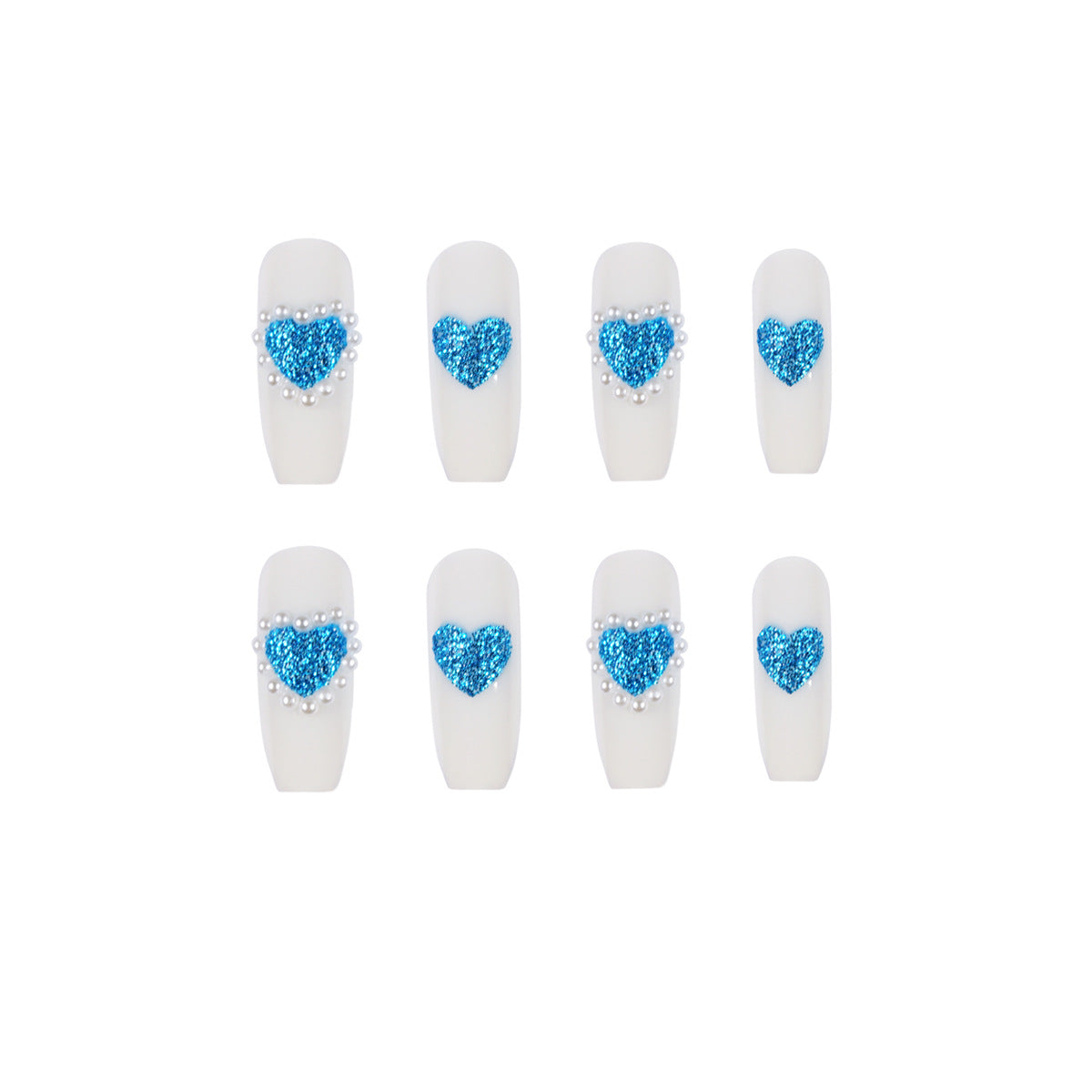 Corazón azul brillante lleno de perlas para usar uñas postizas terminadas, parche para uñas, parche para uñas, parche para uñas extraíble | 365nails