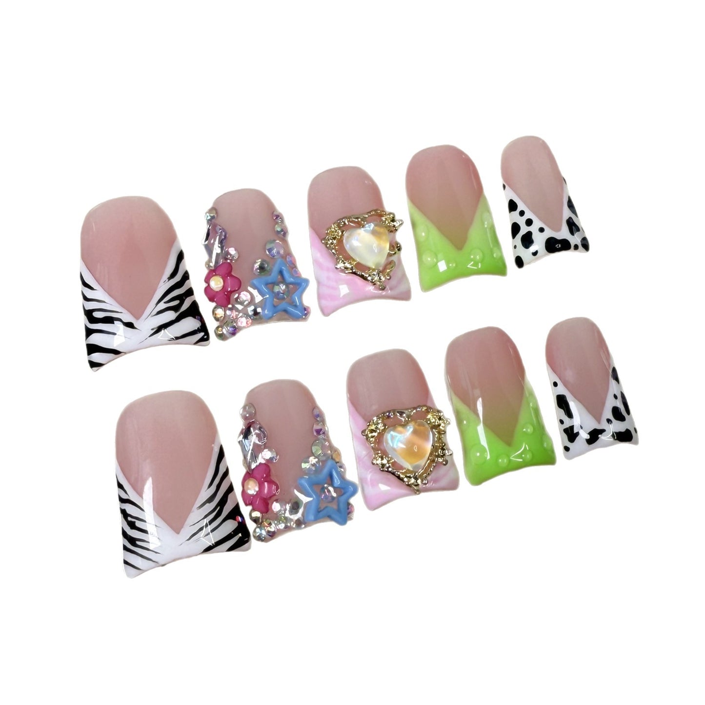 Uñas de pico de pato, sinfonía, corazón, estampado de cebra, lunares, uñas postizas, transparentes, lindas, hechas a mano | 365nails