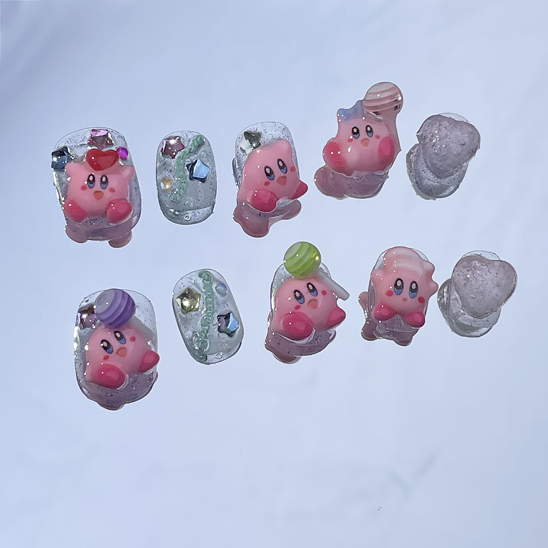 Unhas postiças artesanais com estampa de estrela Kirby, desenho fofo, arte de unha curta, acabamento final, adesivo para unhas postiças vestível|365nails