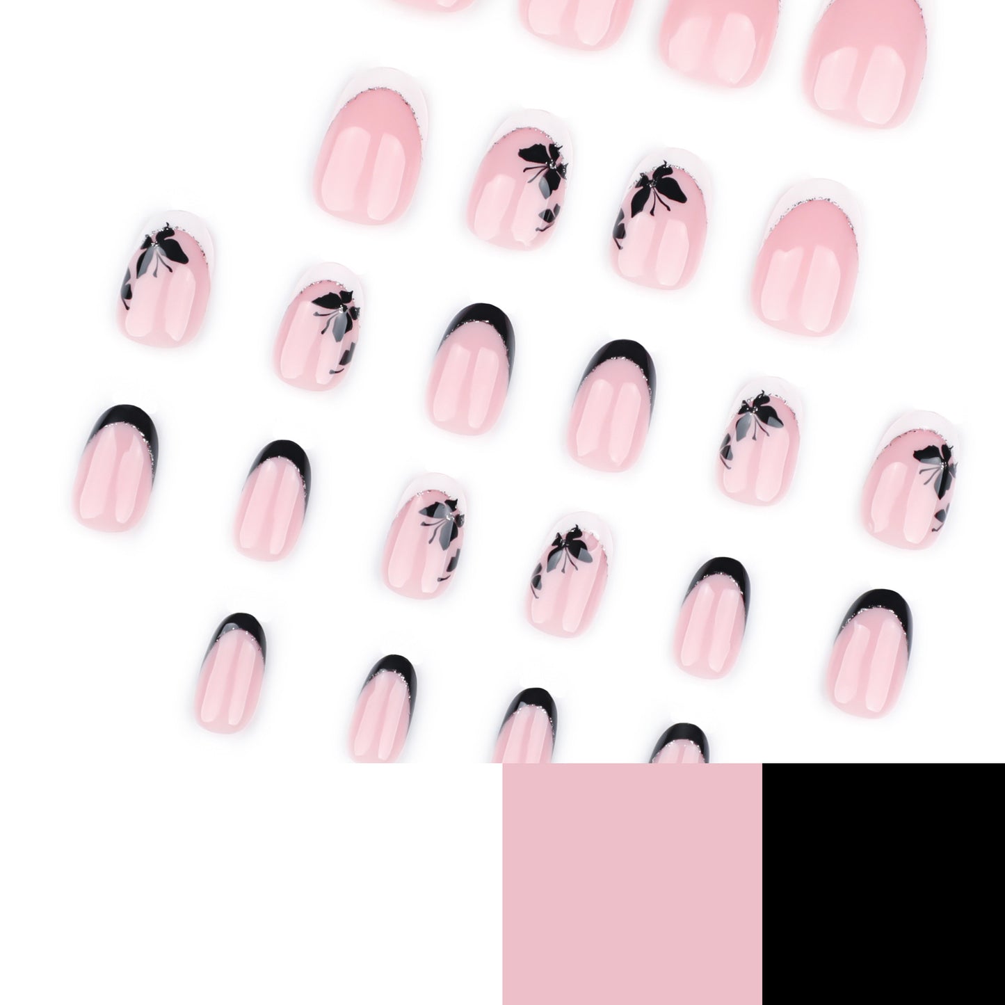 Short round nail manicure piece Simple French white edge Black butterfly ins false nail |365nails
