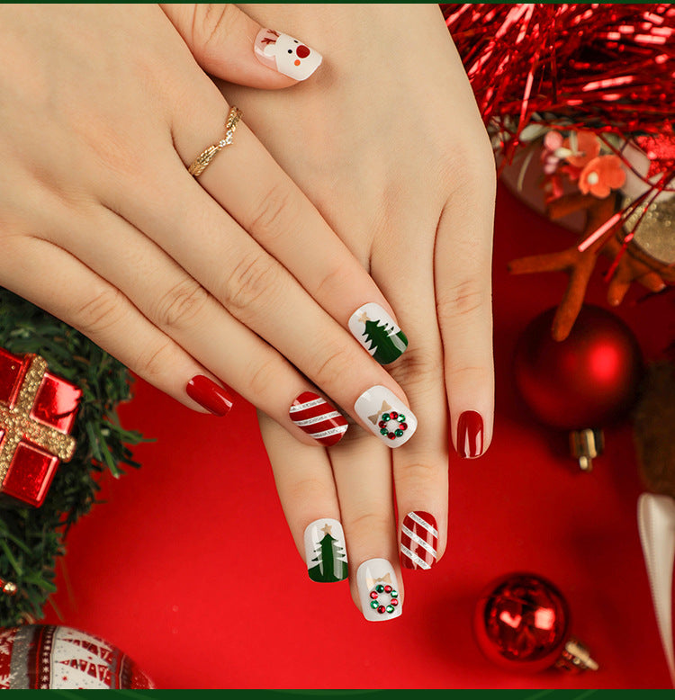 Christmas candy fake nails wholesale short nails art patch finished nails sticker press on nails removable|365nails