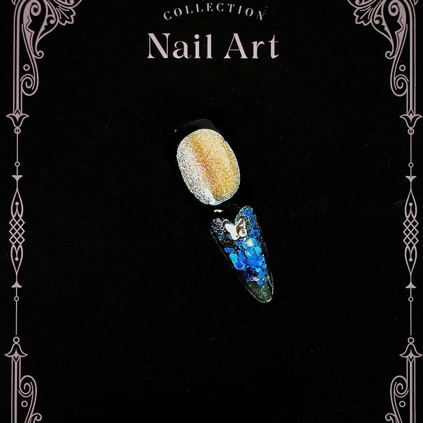 Title Midnight Deep-Sea | Black-Gold Blue Crystal Art Series Press-On Nails