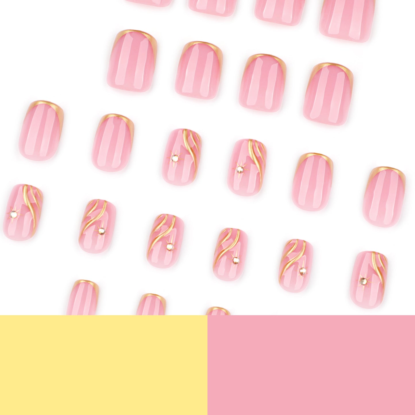 Short and medium square French gold 3D press-on nails