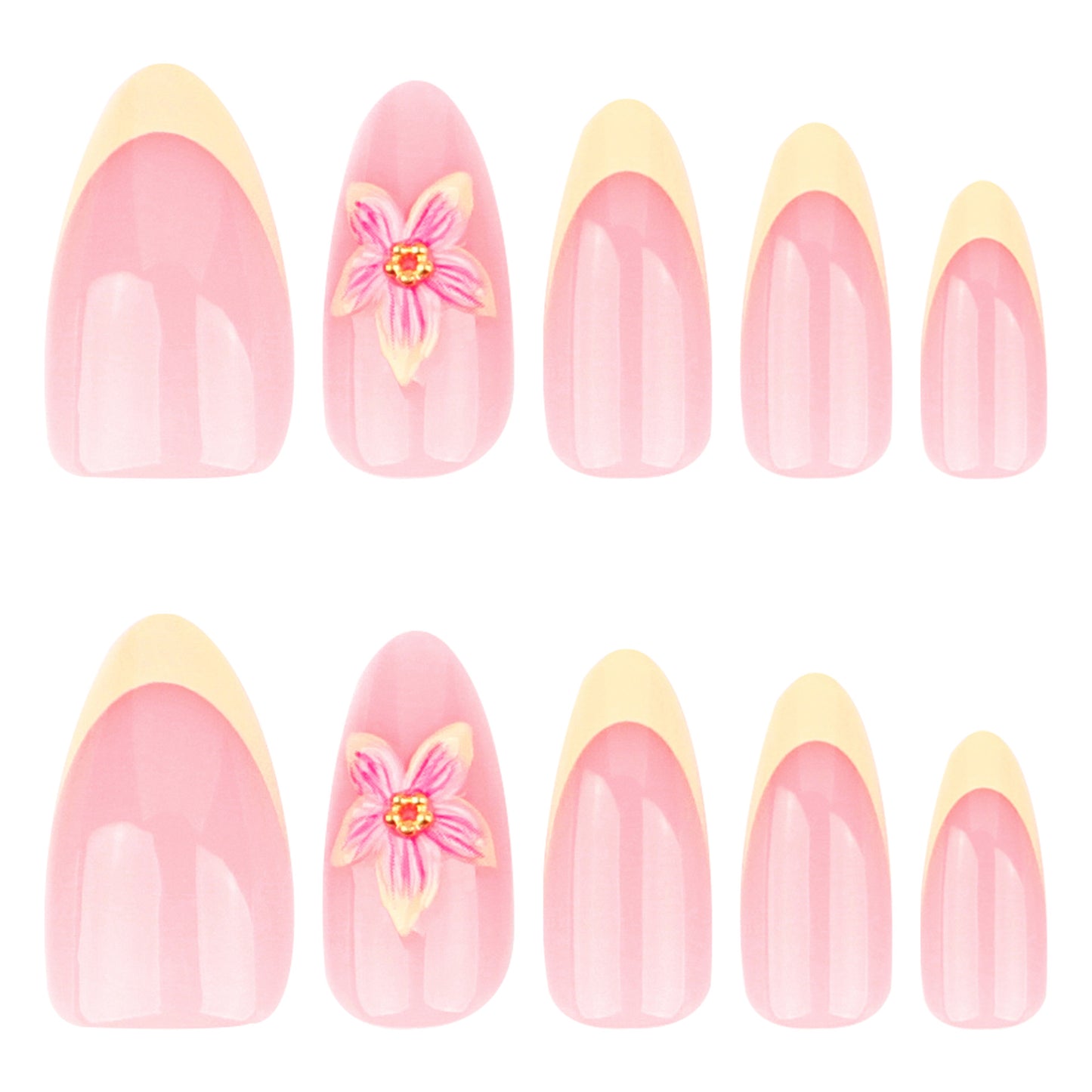 3D Stereoscopic Flower French Yellow Short Almond press-on nails