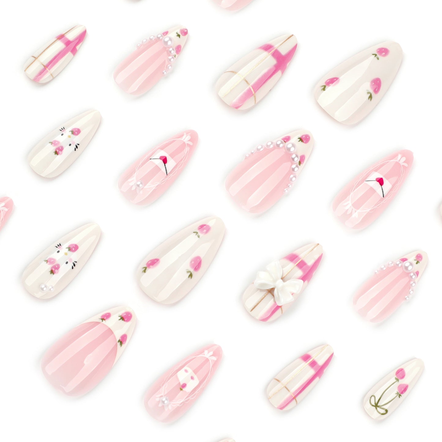 Doce menina vento imprensa em unhas arte amêndoa unha postiça bonito morango unha removível produto acabado atacado | 365nails