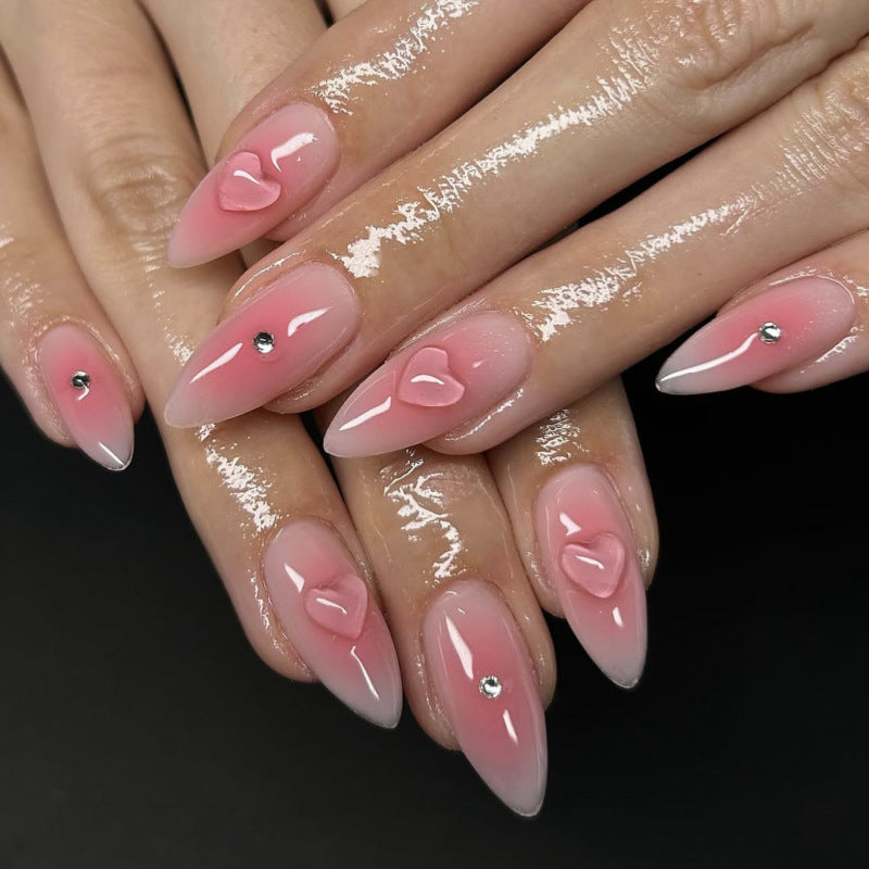 Simple blush short almond love point diamond press-on nails