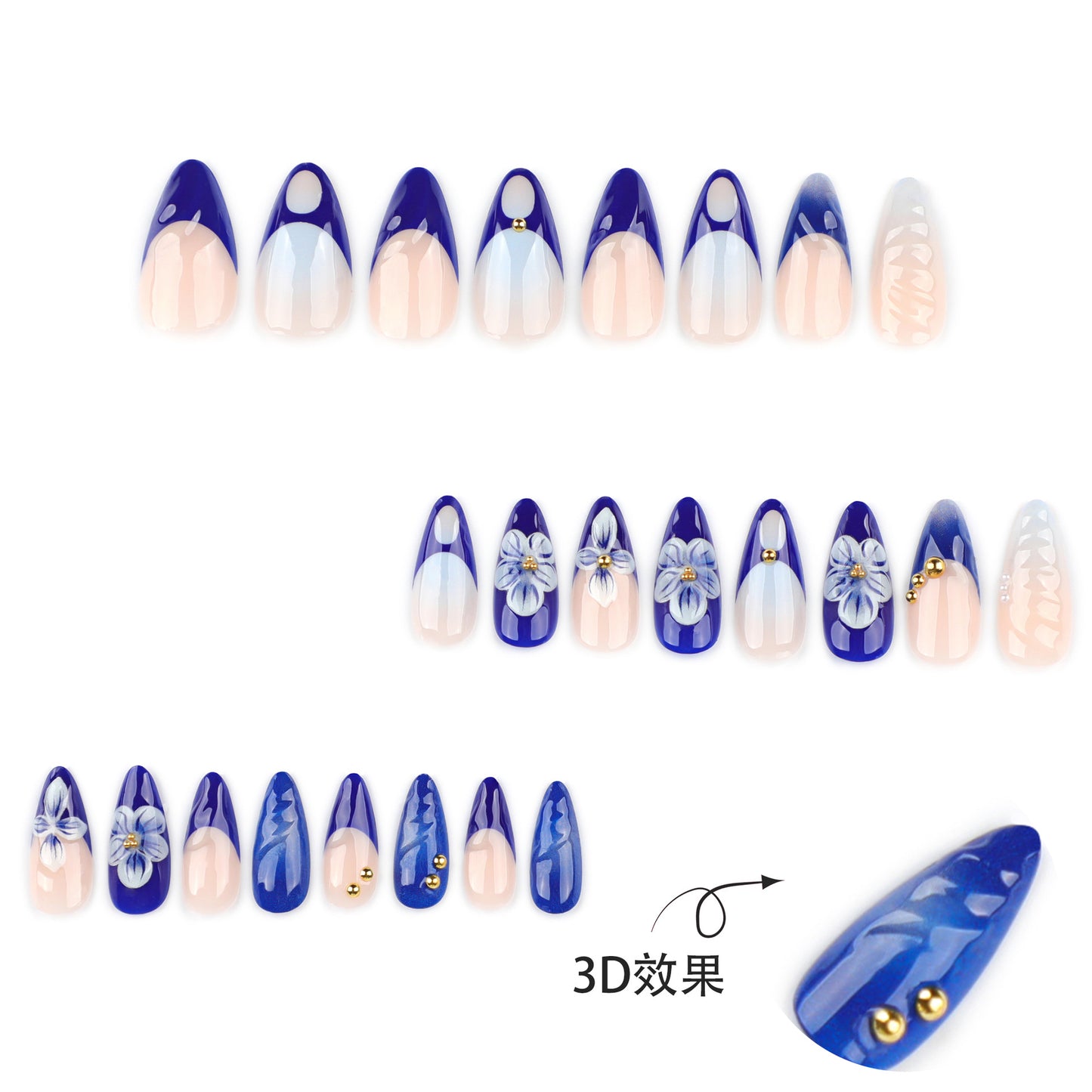 3D Blue Flower Almond Long Removable press-on nails