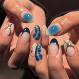 Blue Smudge Simple French Almond Short press-on nails
